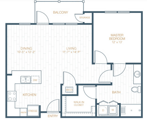 Floor plan for 1 bed, 1 bath, 870 sqft